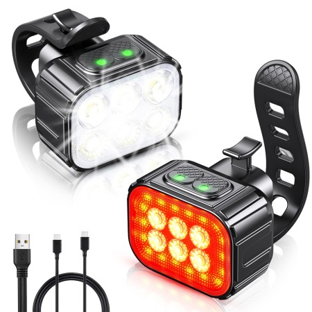 Bike Lights Set Ultra Bright, Cuvccn Bicycle Light Rechargeable with 6 Spot & Flood Beams, IP65 Waterproof Bike Lights for Night Riding, DIY 4X4 + 6X6 Lightning Modes Bike Headlight and Tail Light